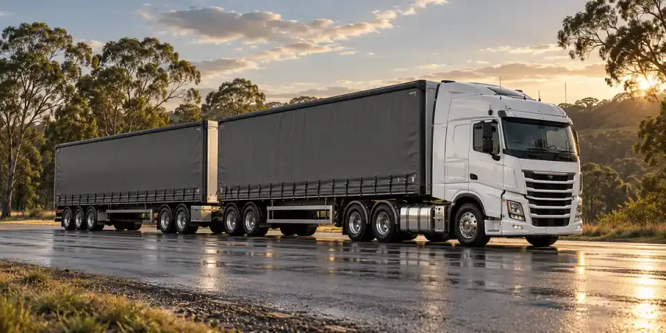 Illustrative B-double truck in an Australian setting.